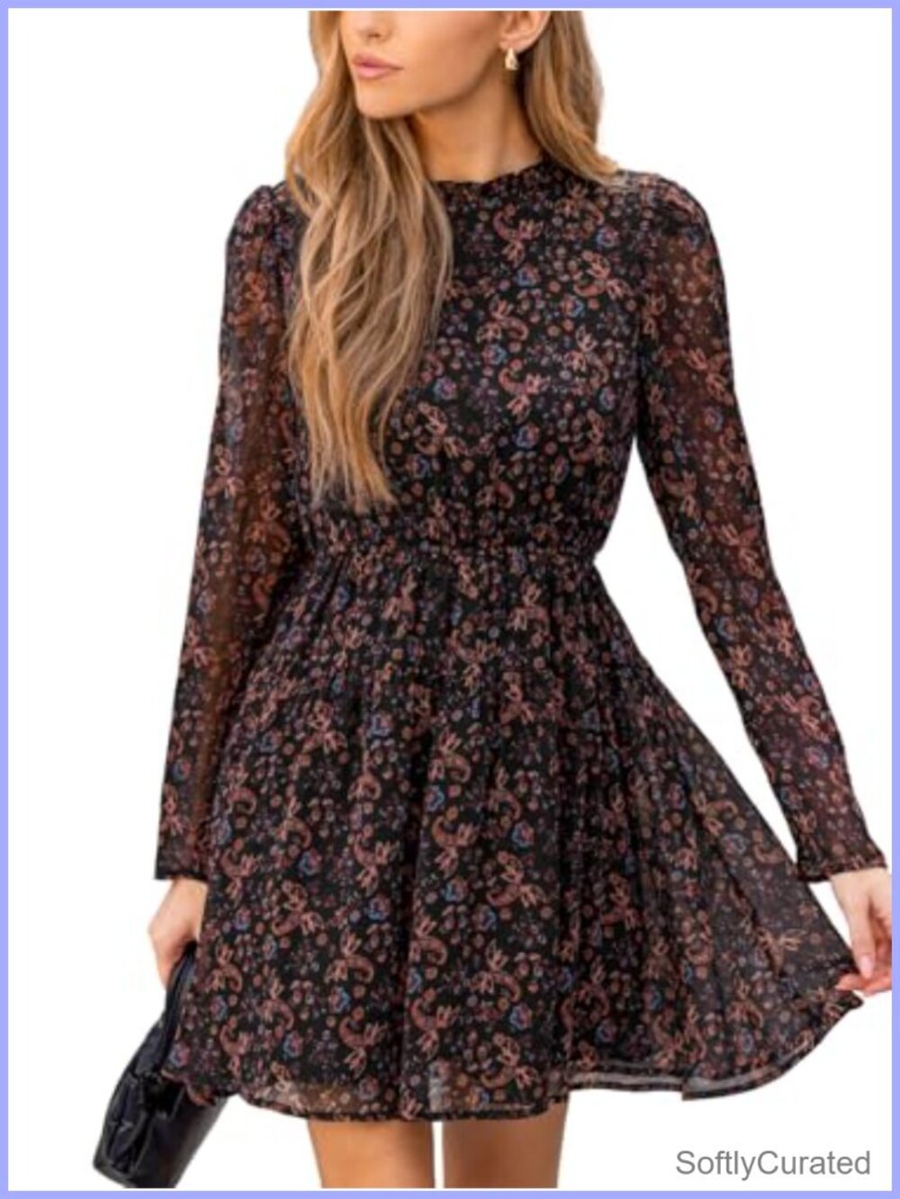 Floral Chiffon Mini Dress Mock Neck Puff Sleeve Smocked Waist A-Line